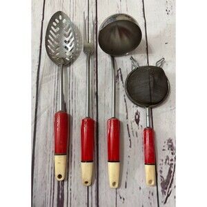 Vintage lot of 4 Kitchen Utensil Red Handle Strainer Ladle Spoon Meat Fork